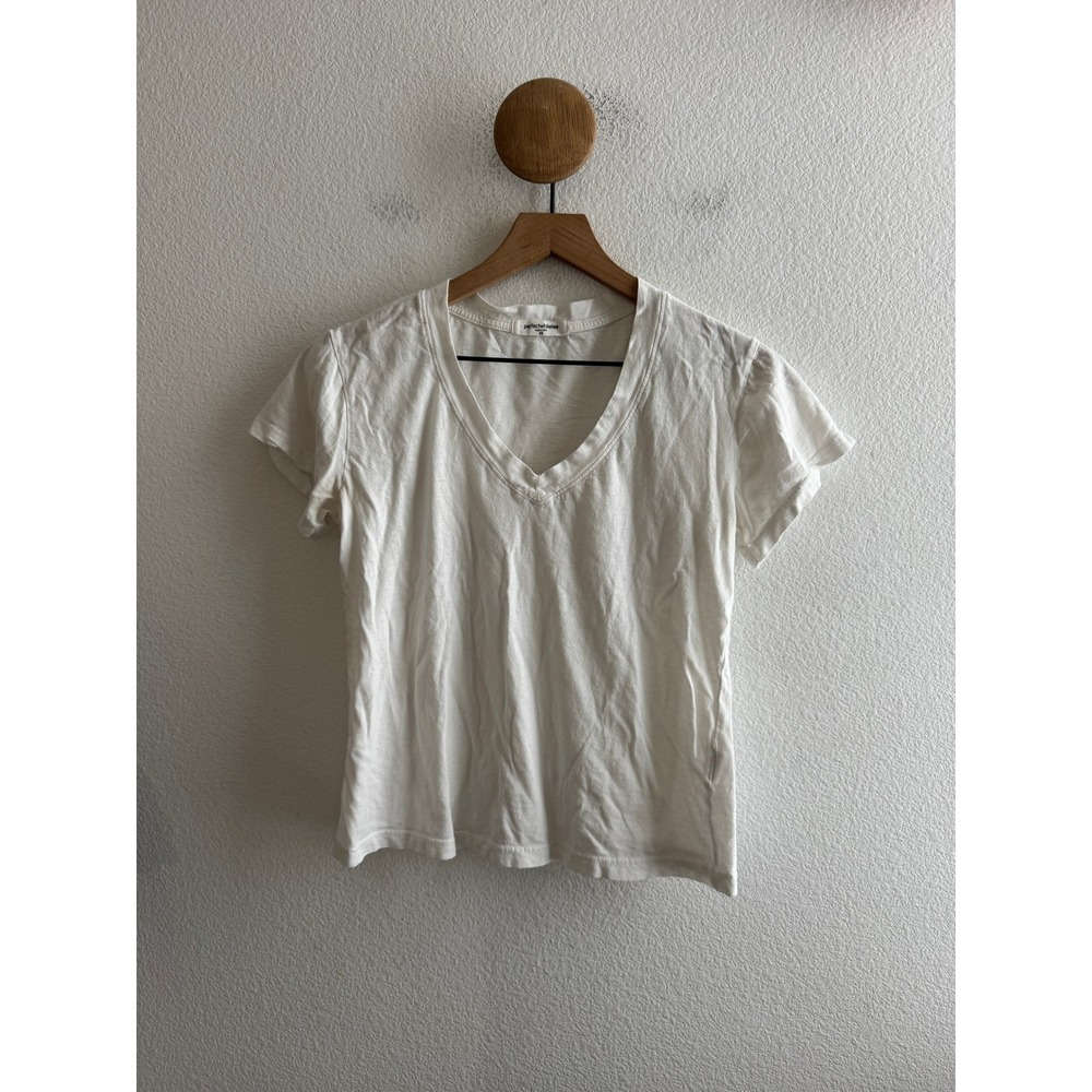 Perfectwhitetee White Cotton V-Neck Short Sleeve T-Shirt XS Made in USA *Stains*